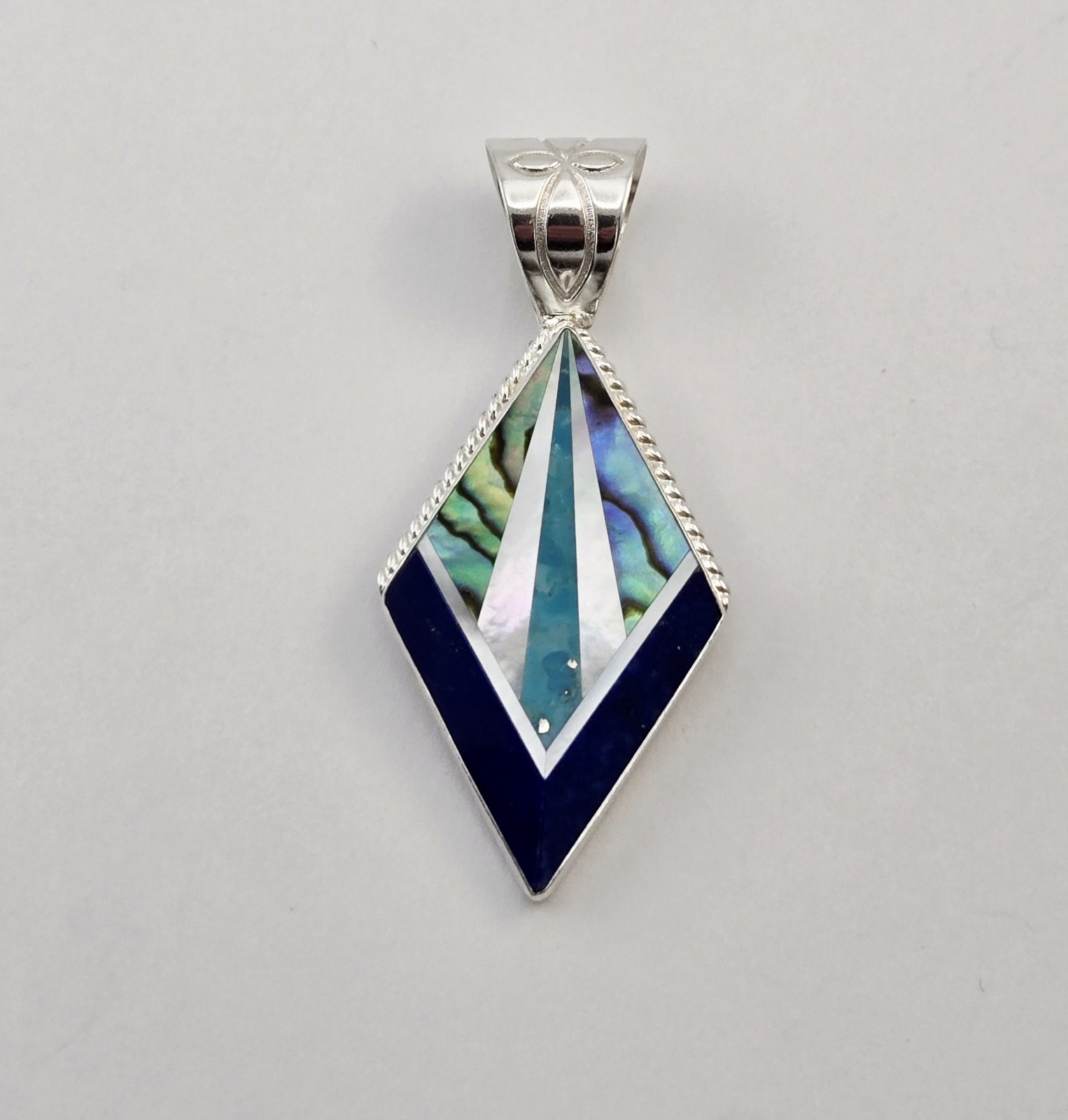 VTG Jay King Style Sterling Silver Abalone Lapis Mosaic Inlay Diamond Pendant 10