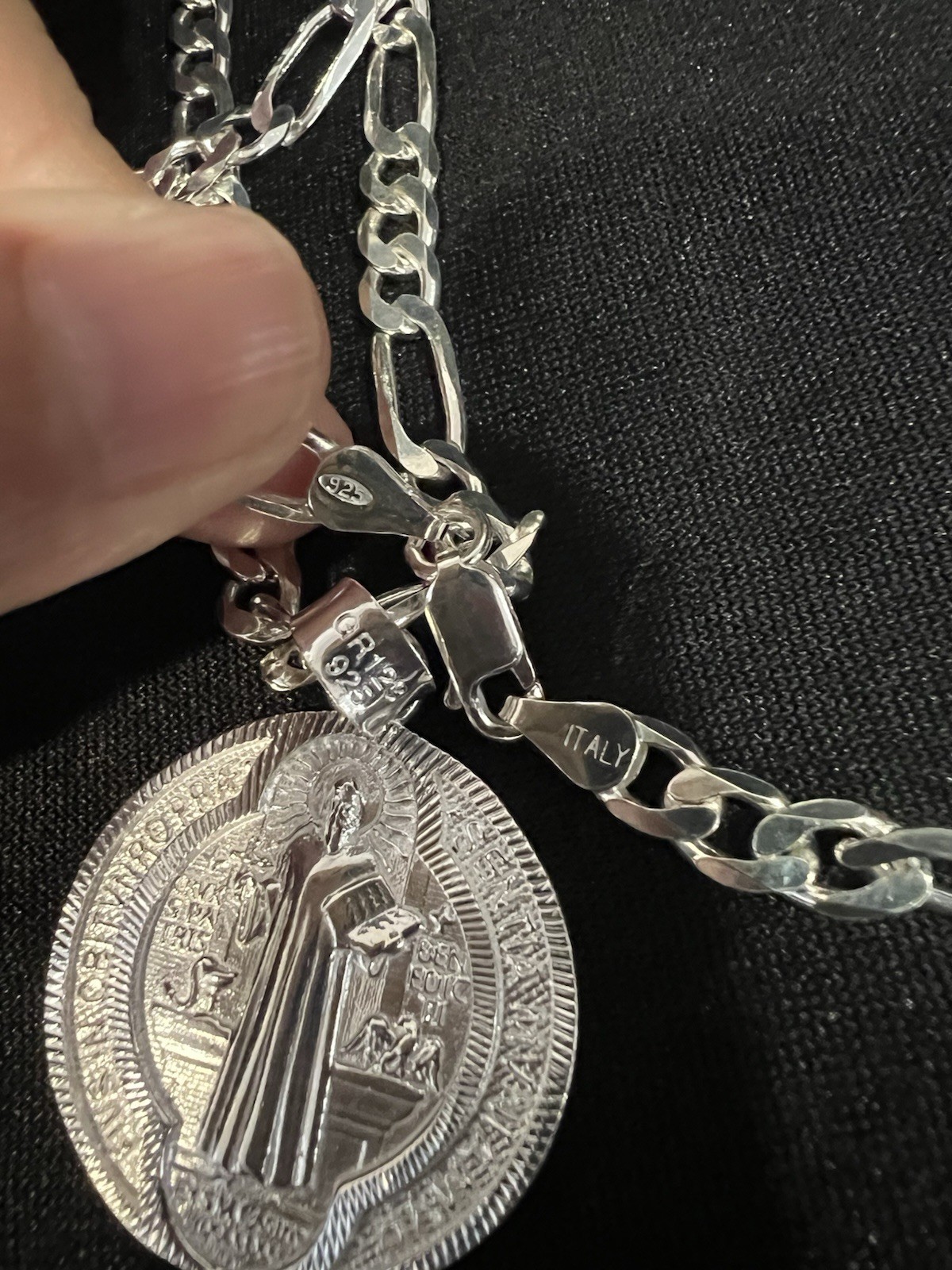 925 Sterling Silver Men Women St Benedict San Benito Medal Figaro Chain 20 24 30