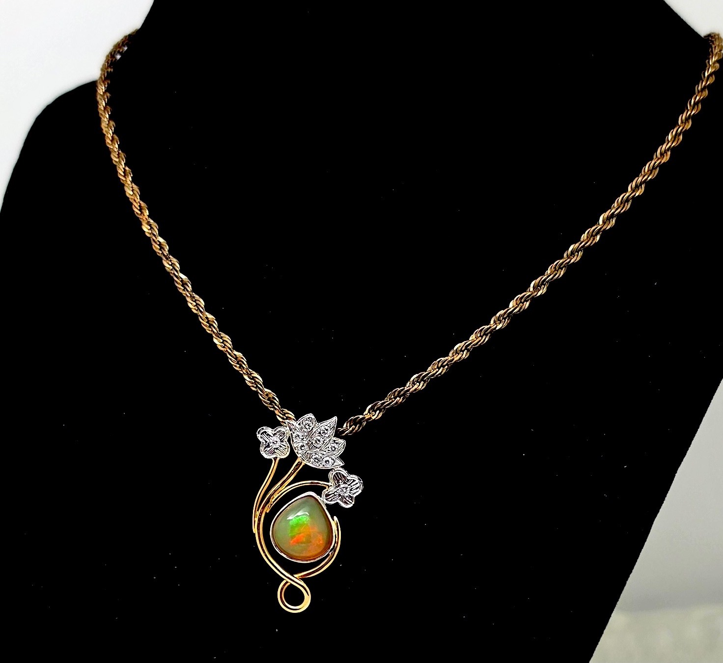 VINTAGE 14K WHITE/YELLOW GOLD OPAL & DIAMONDS SLIDE PENDANT,1 3/8″