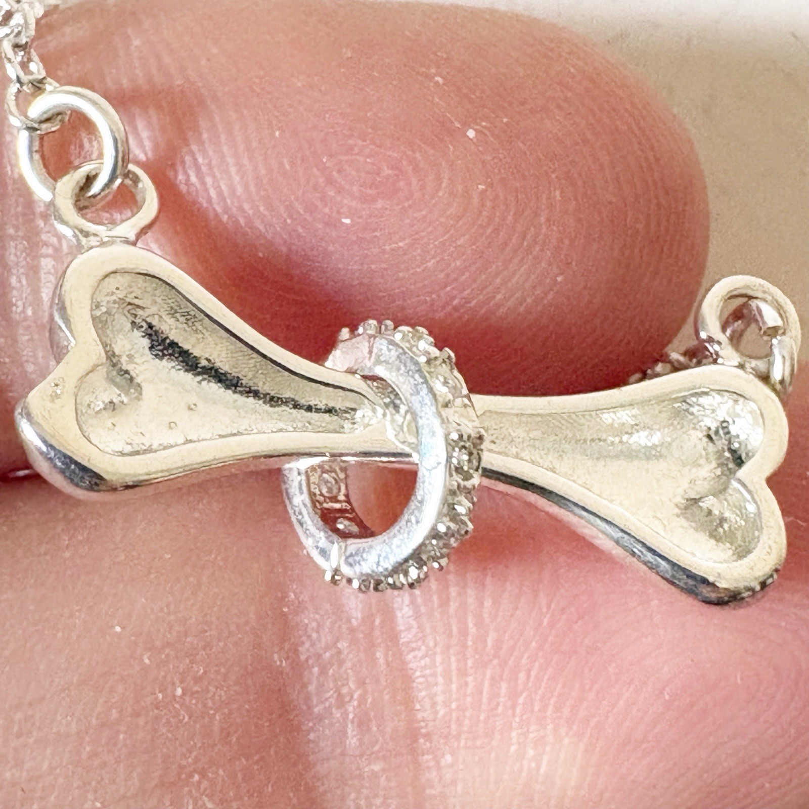 Sterling Silver Dog Bone Pave CZ Slide Pendant Necklace