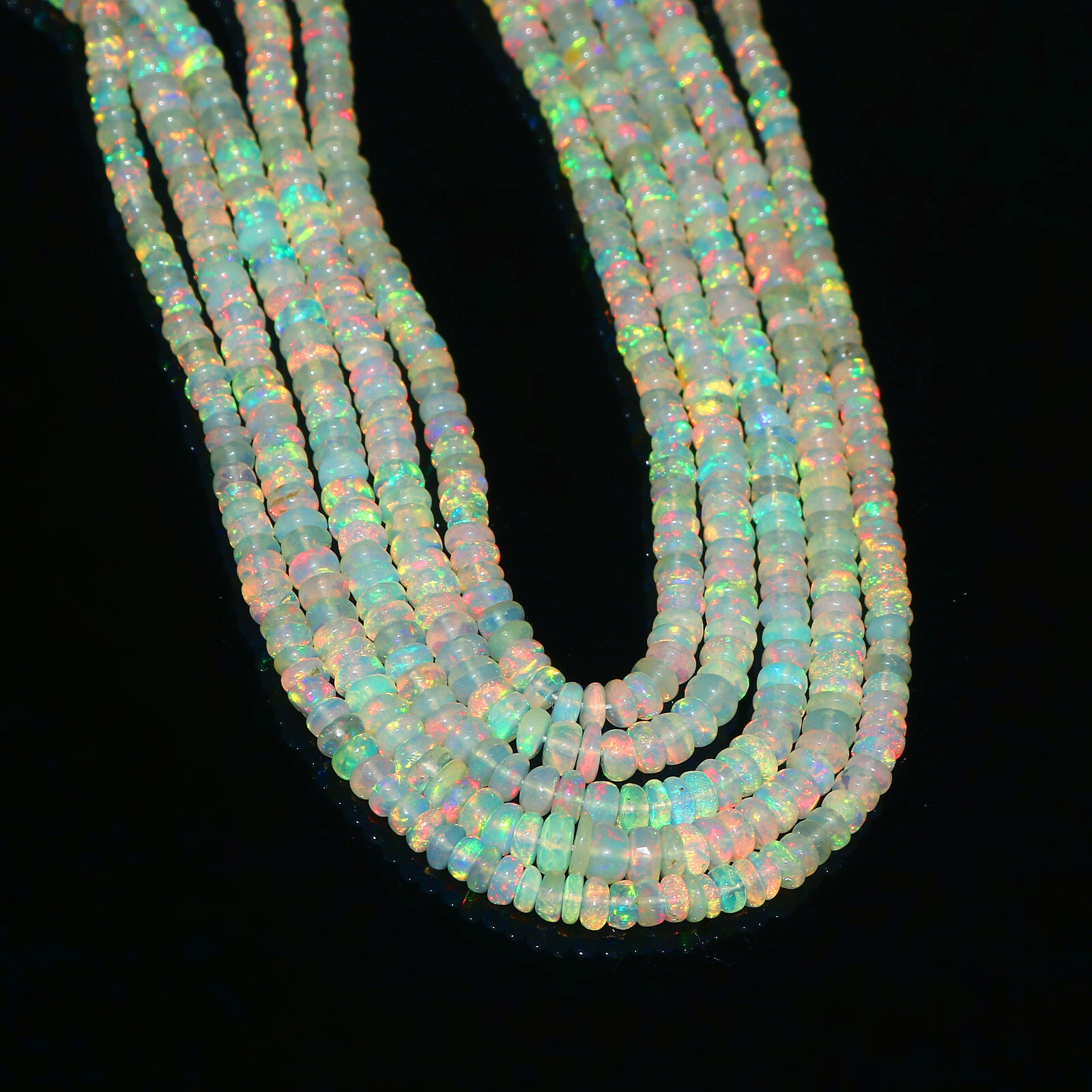 Natural Ethiopian Fire Opal Rondelle Beaded Gemstone 4 Strand Necklace 16 Inches