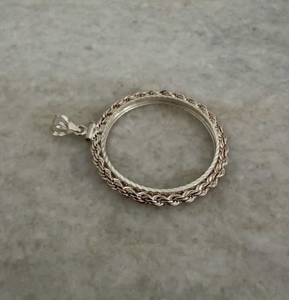 Large Sterling Silver 925 Coin Holder Bezel Pendant Rope Frame New