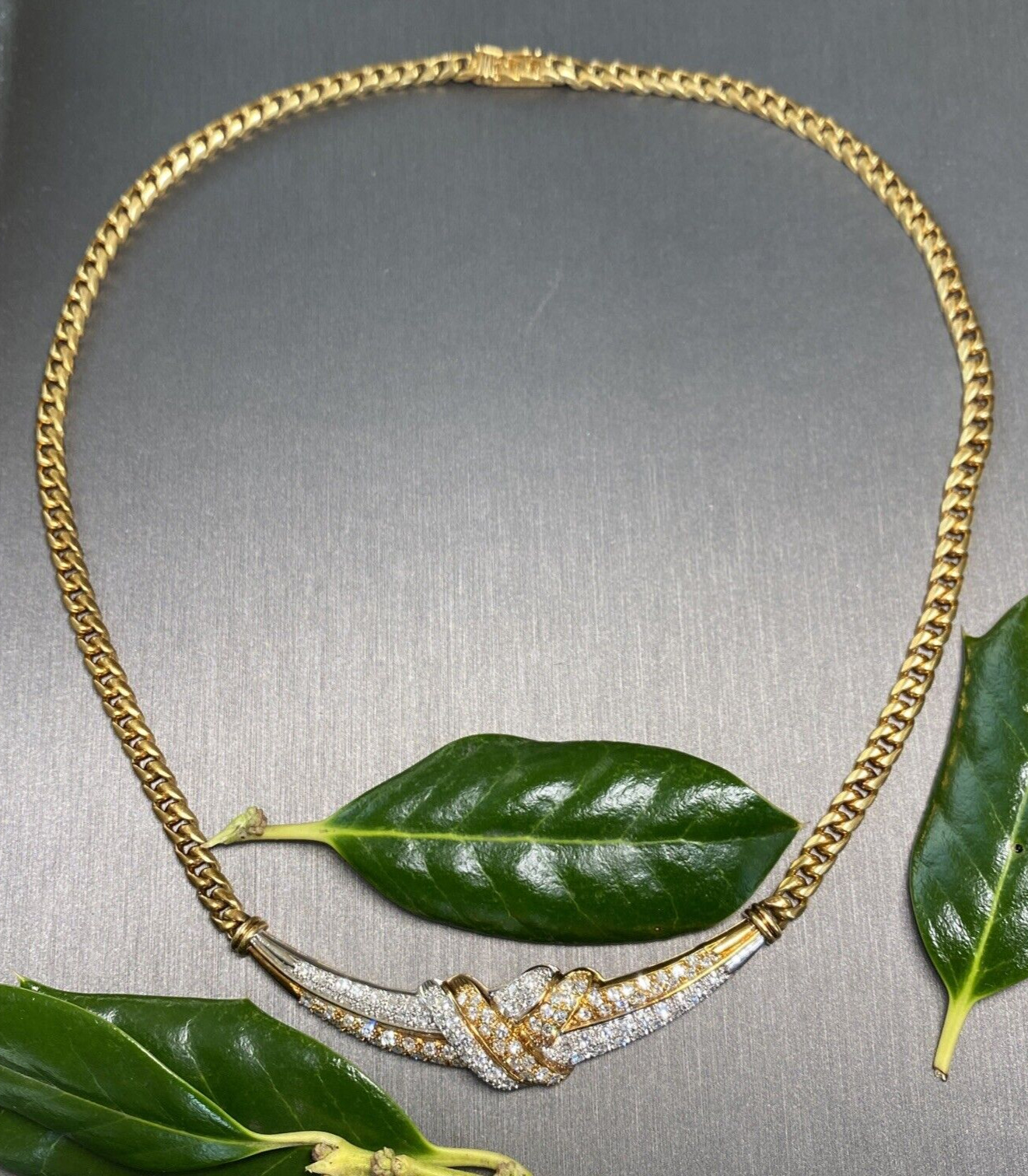 18K Yellow White Gold Diamond Love Knot X Crescent Vintage Cuban Chain Necklace
