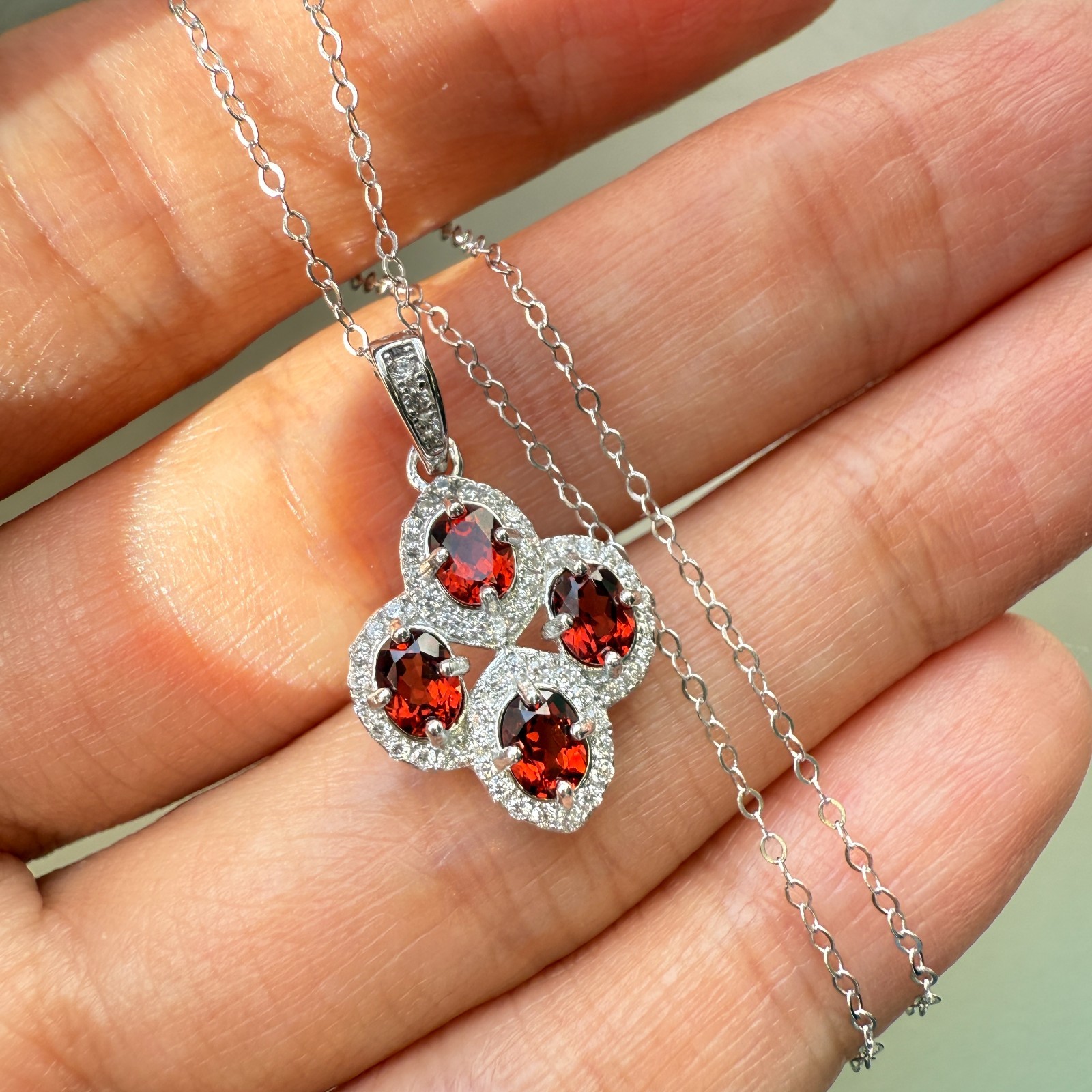 925 Sterling Silver Necklace 4x3mm Natural Garnet Gemstone Zircon Flower Chain