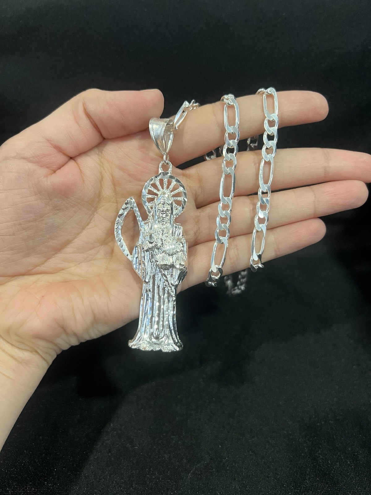 925 Sterling Silver BIG Men Women Santa Muerte Grim Reaper Figaro Chain 20 26 30