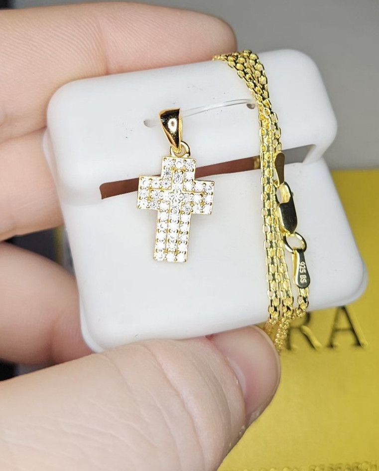 Moissanite Cross 925 sterling Silver with Gold Over Bismark Chain