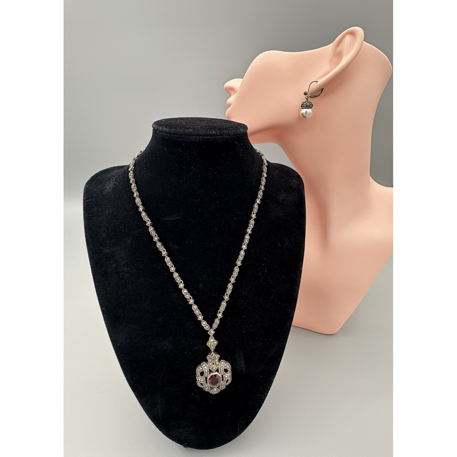 Judith Jack Marcasite sterling silver Necklace & SS Faux Pearl Earrings 30g 9″