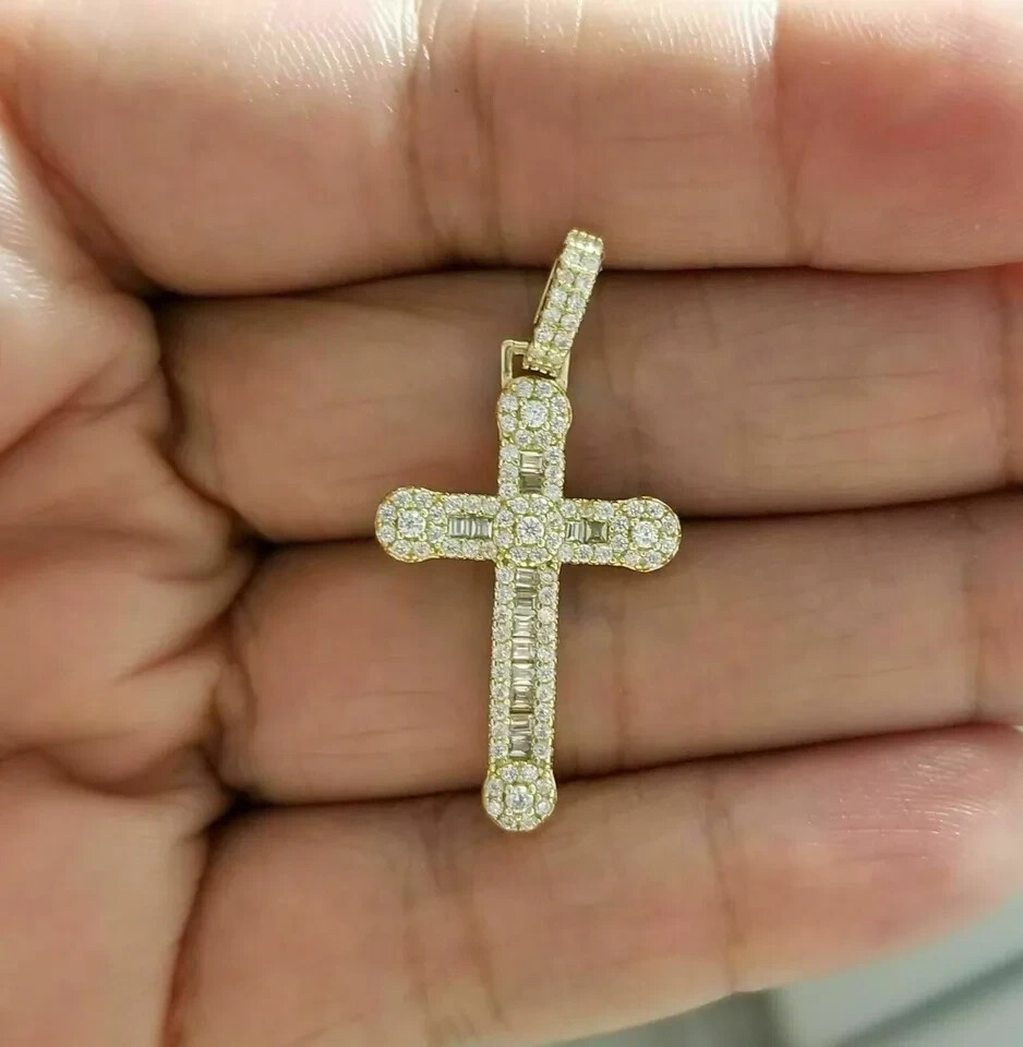 2.00Ct Round Cut VVS1/D Diamond Cross Pendant 14K Yellow Gold Finish
