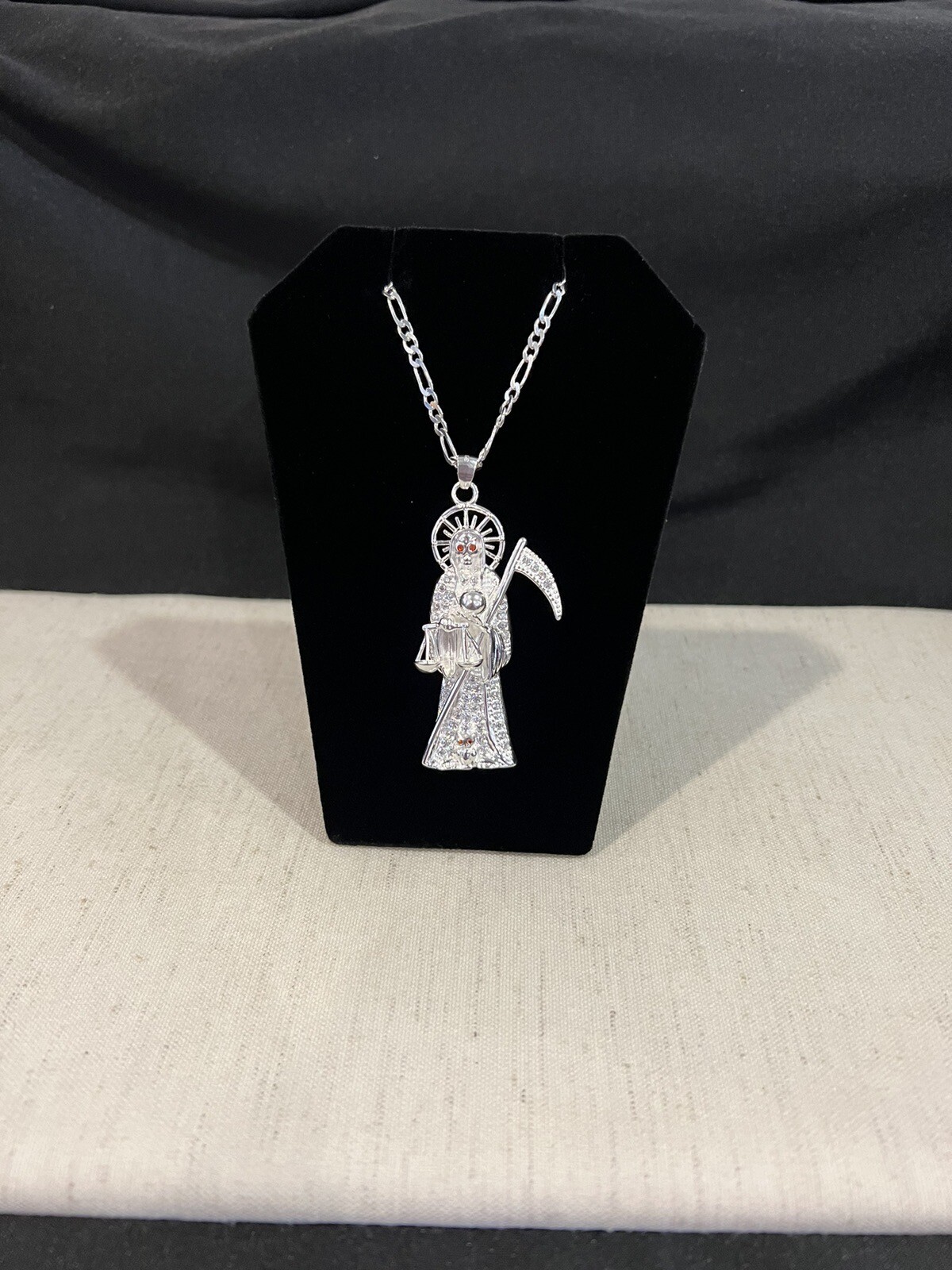 925 Sterling Silver Men CZ Santa Muerte Grim Reaper & Figaro Chain 20 24 30