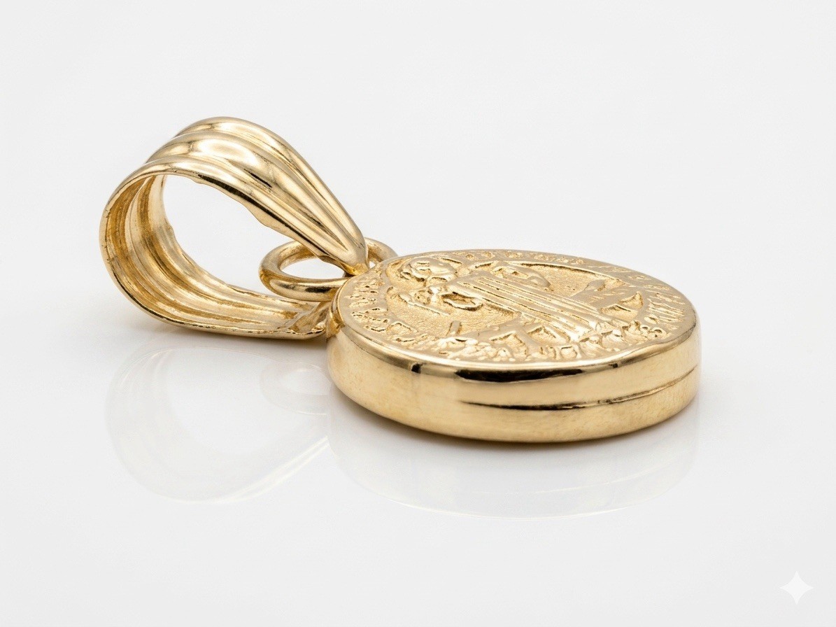 18K Solid Gold Small Saint Benedict Medal Pendant (9 mm) | Minimalist Religious