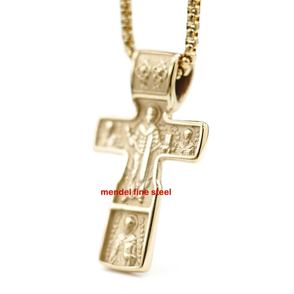 MENDEL Gold Russian Orthodox St Saint Benedict Crucifix Cross Pendant Necklace