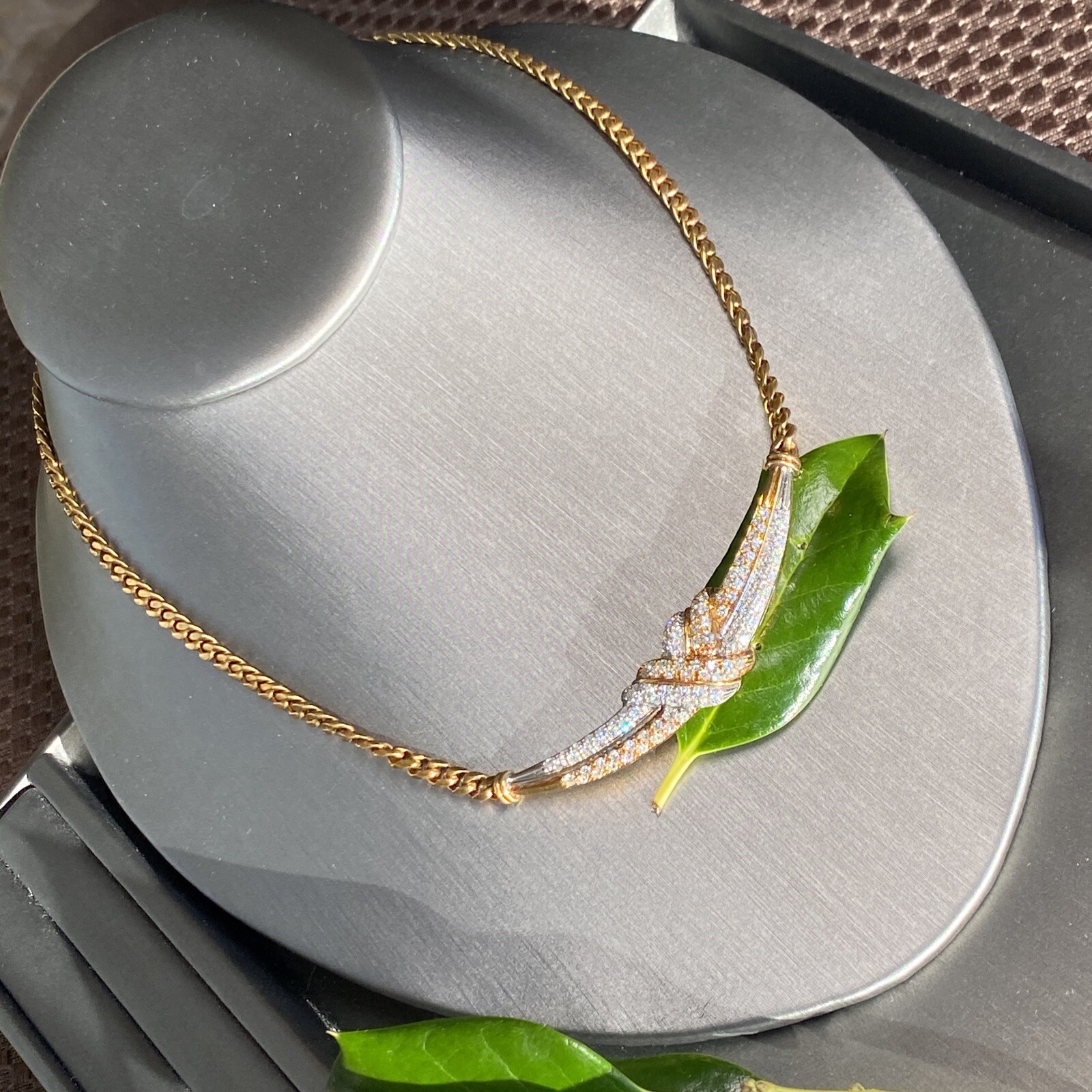 18K Yellow White Gold Diamond Love Knot X Crescent Vintage Cuban Chain Necklace