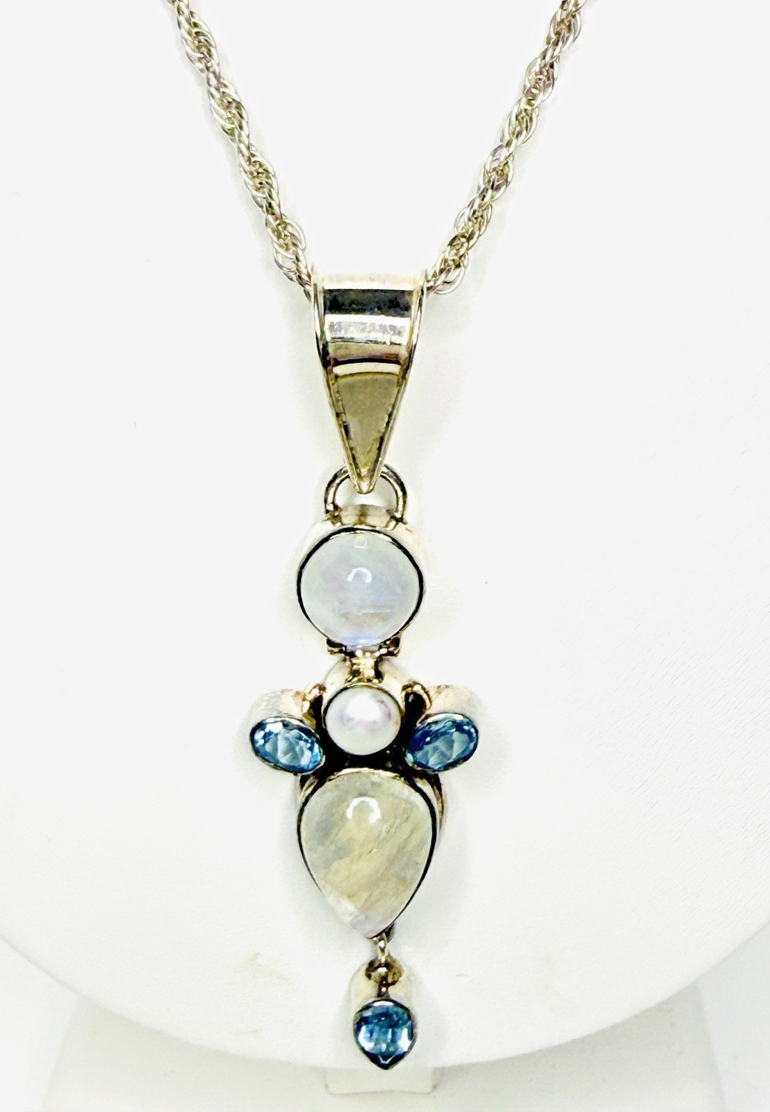 925 Sterling Silver Necklace w/ Rainbow Moonstone, Blue Topaz, Pearl Pendant 36g