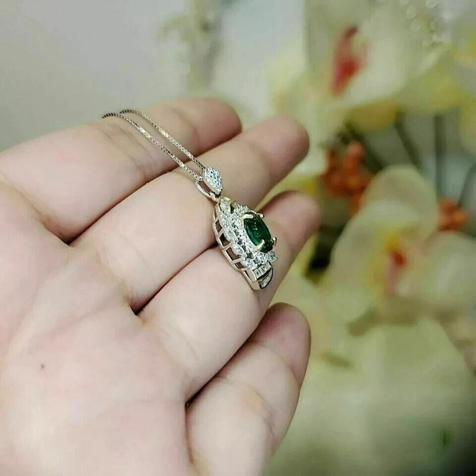 2Ct Oval Cut Lab-Created Emerald Cluster Women Pendant 14K Two Tone Gold Plated