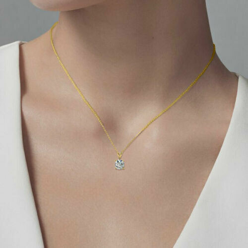 Solitaire Pendant Necklace 2 CT Real Moissanite 14K Yellow Gold Plated Silver