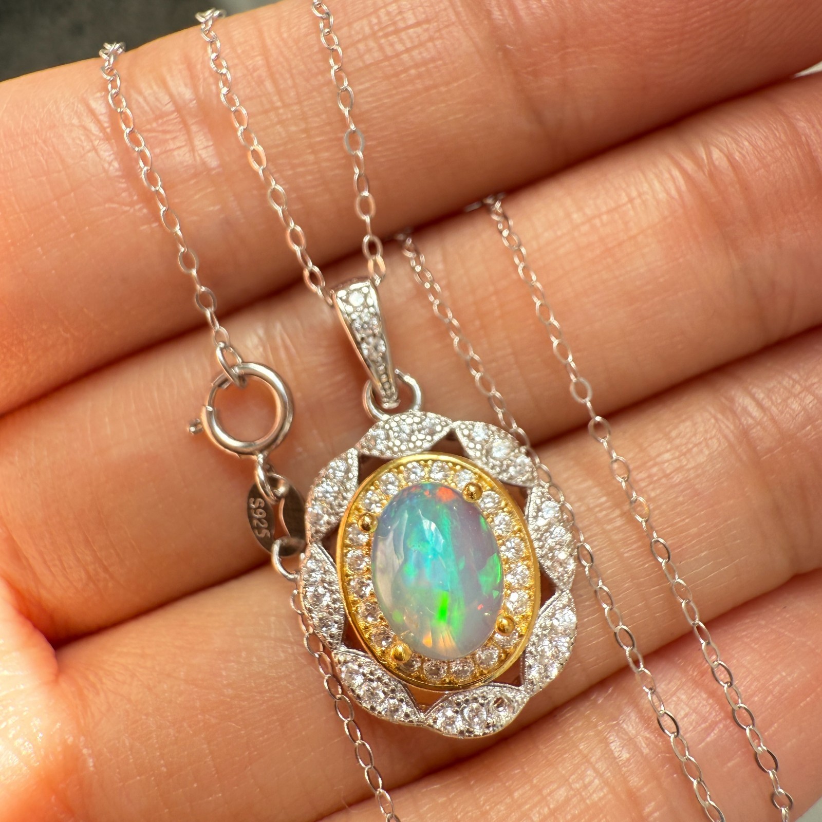 925 Sterling Silver Necklace 8x6mm Natural Opal Handmade Flower Birthstone