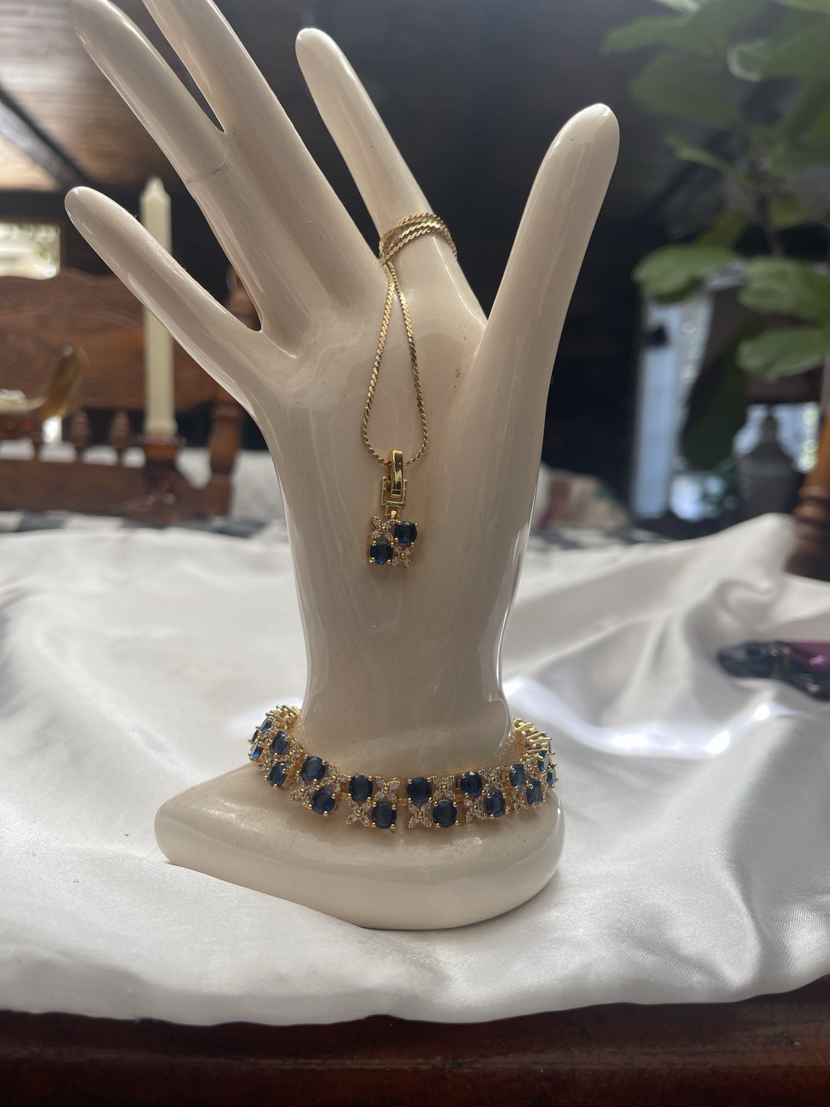 BRACELET And NECKLACE SET BLUE GLASS?/ CZ Gold Plate X’s & O’s