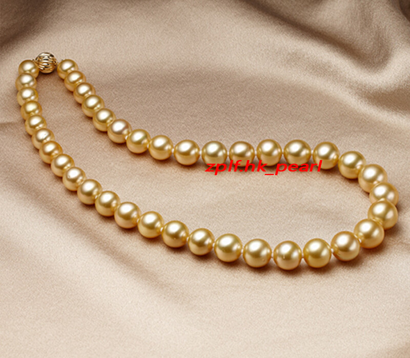 AAAAA round 18″9-10mm REAL natural south sea deep golden pearl necklace 14K gold