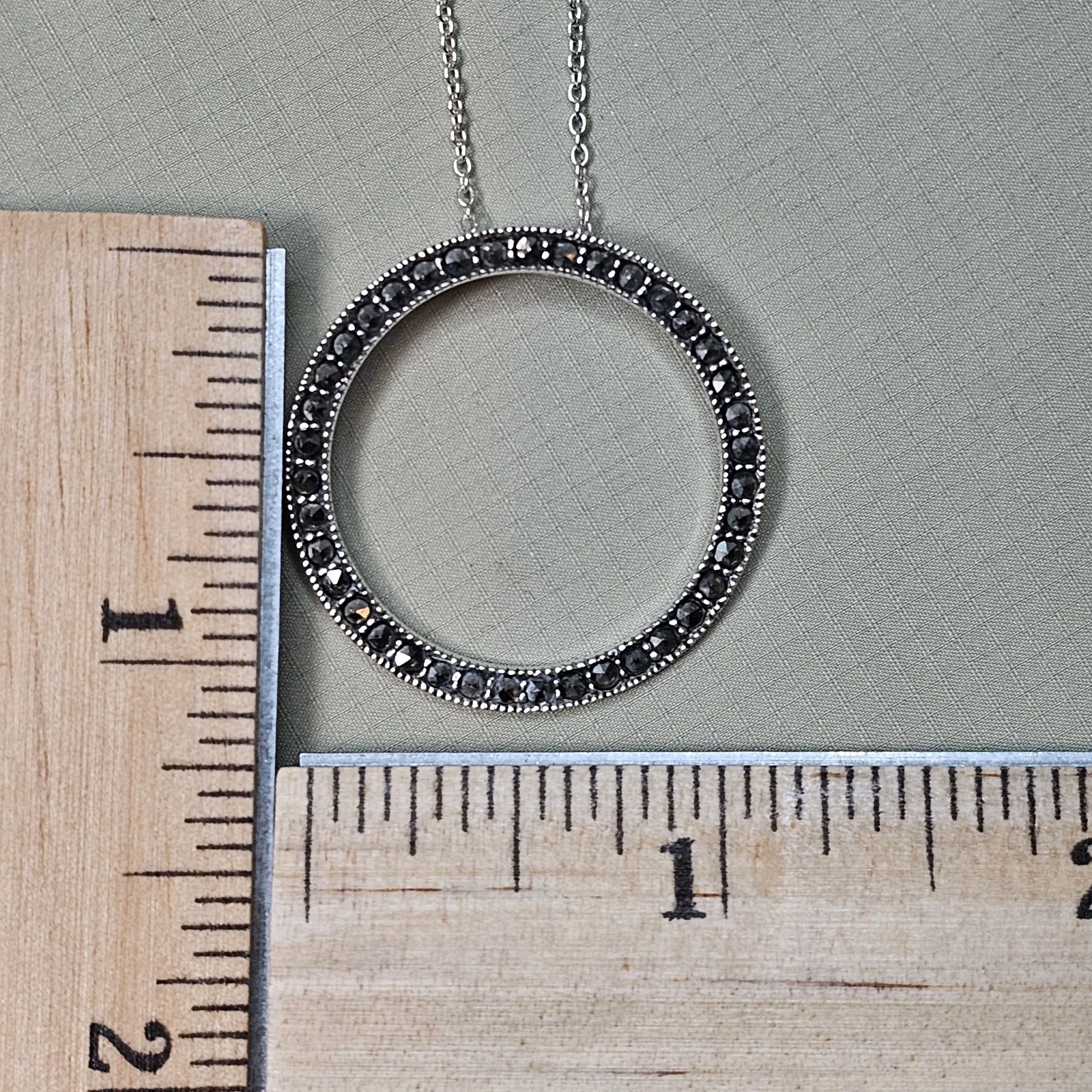 925 Sterling Silver Marcasite Circle Pendant Slide Necklace – 4.5g