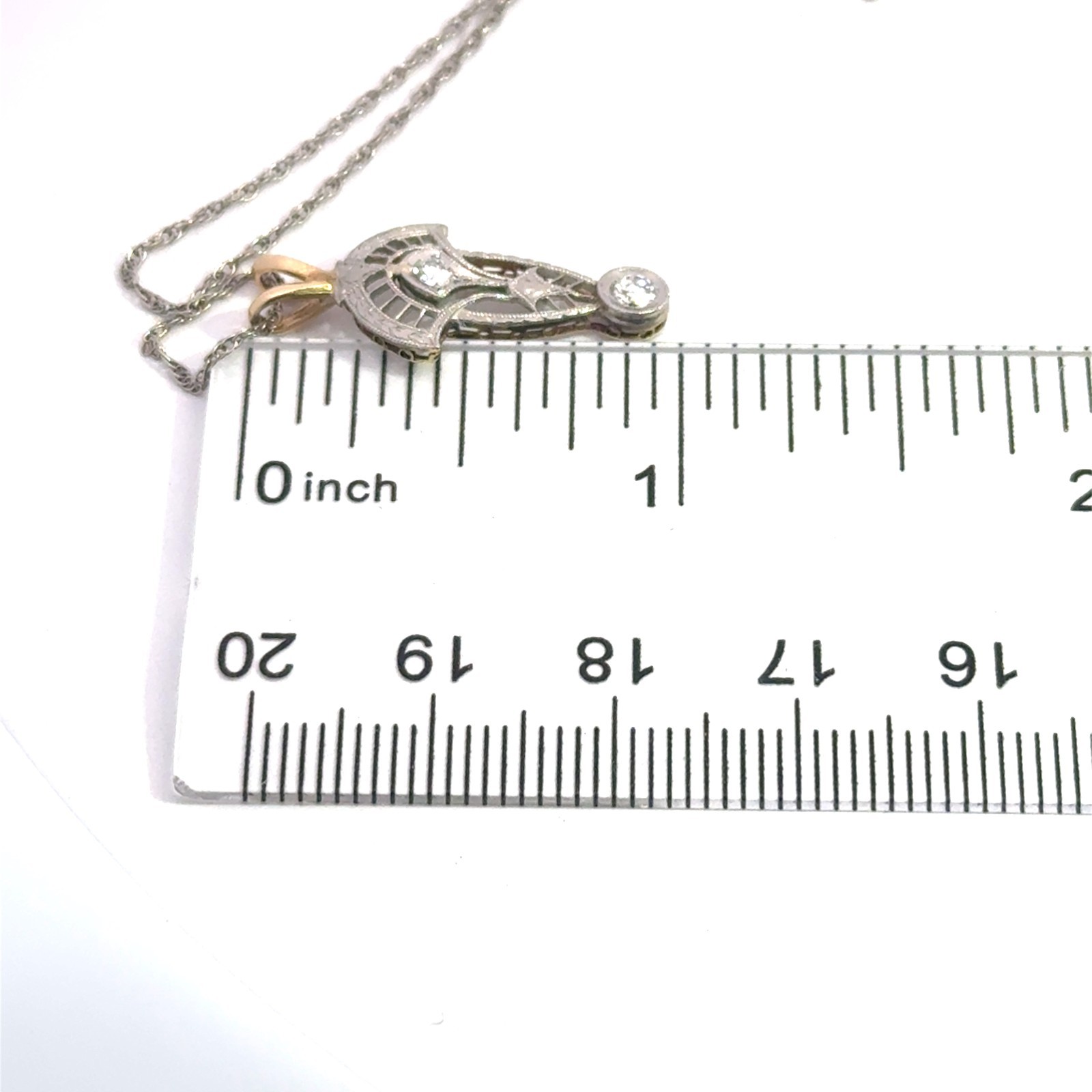14k Yellow & White Gold Stamped & Platinum Diamond Art Deco Chain Necklace 18″