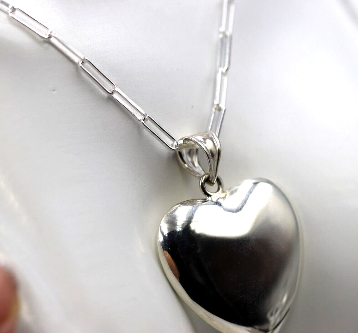 Sterling Silver 925 Paperclip 70cm Necklace + Lg Puffy Heart Pendant -Free Post