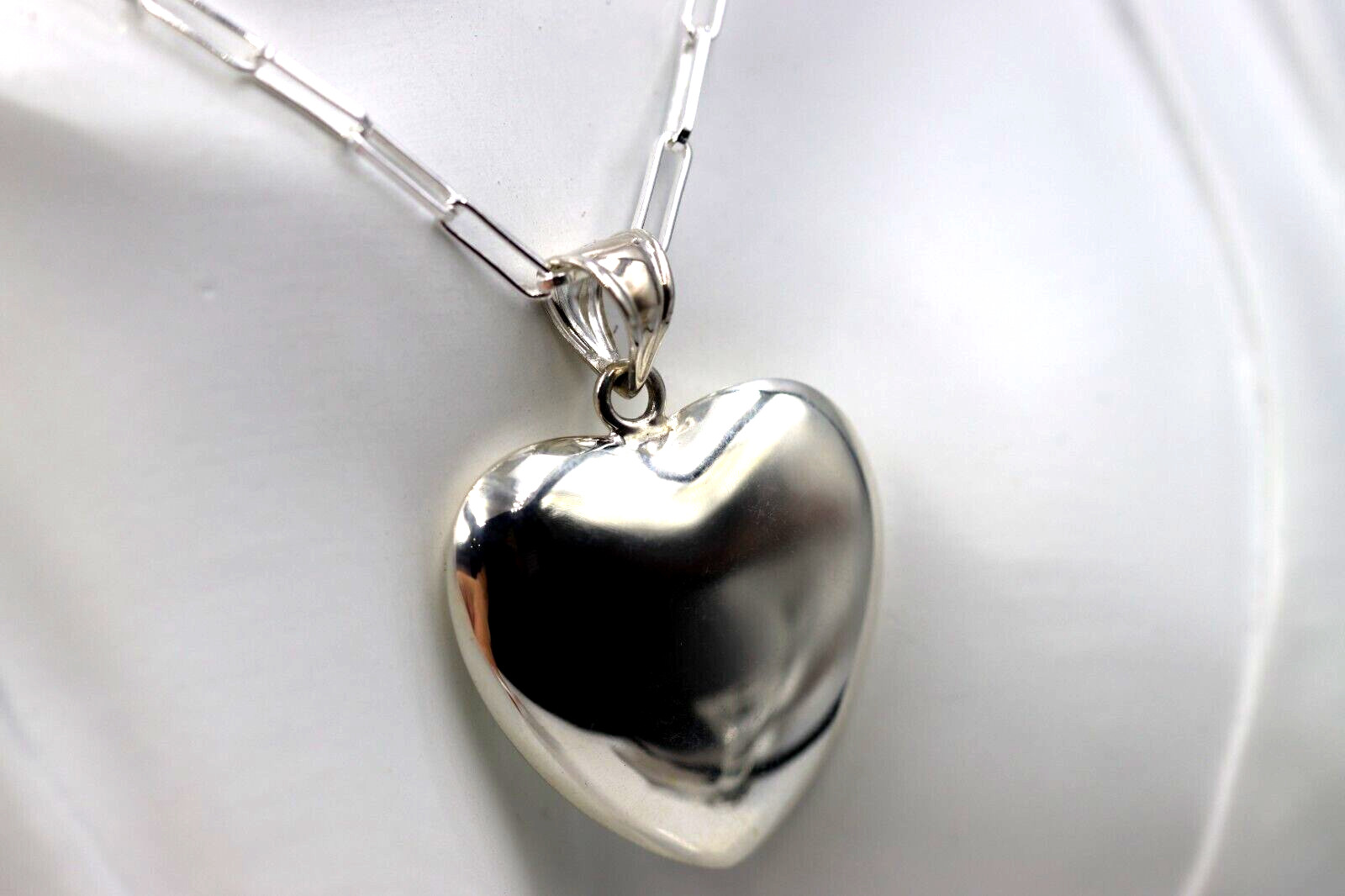 Sterling Silver 925 Paperclip 70cm Necklace + Lg Puffy Heart Pendant -Free Post