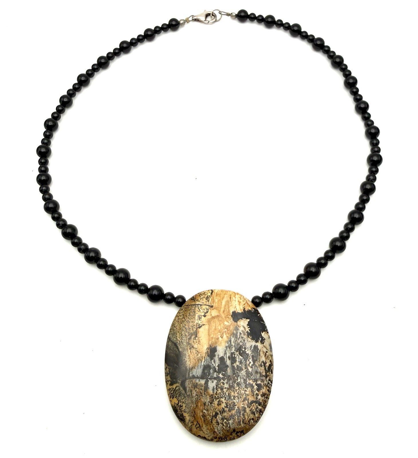 Dendritic Picture Jasper Pendant 925 Clasp Necklace. Black Gemstone Beaded 18”
