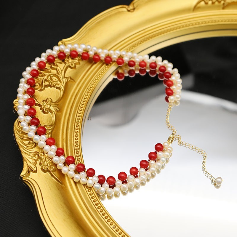40cm/16in Hand-Kintted South Sea Red Coral/White 4-5mm Pearl Necklace 14K Gold p