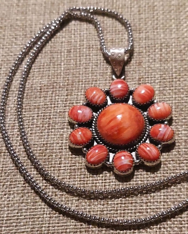 New HUGE Sterling Silver Natural Orange Spiny Cluster Pendant with Chain
