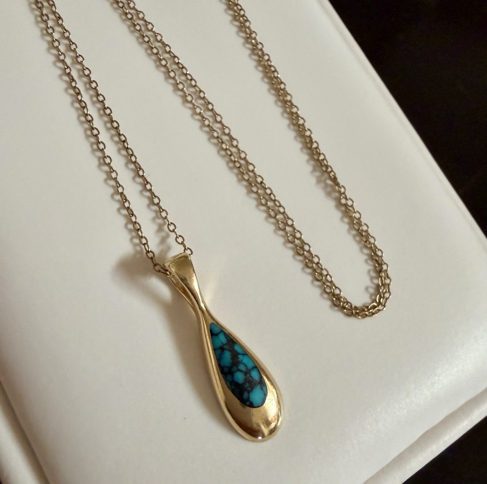 Estate Kabana 14k Yellow Gold Turquoise Teardrop Pendant & 14k Chain Necklace