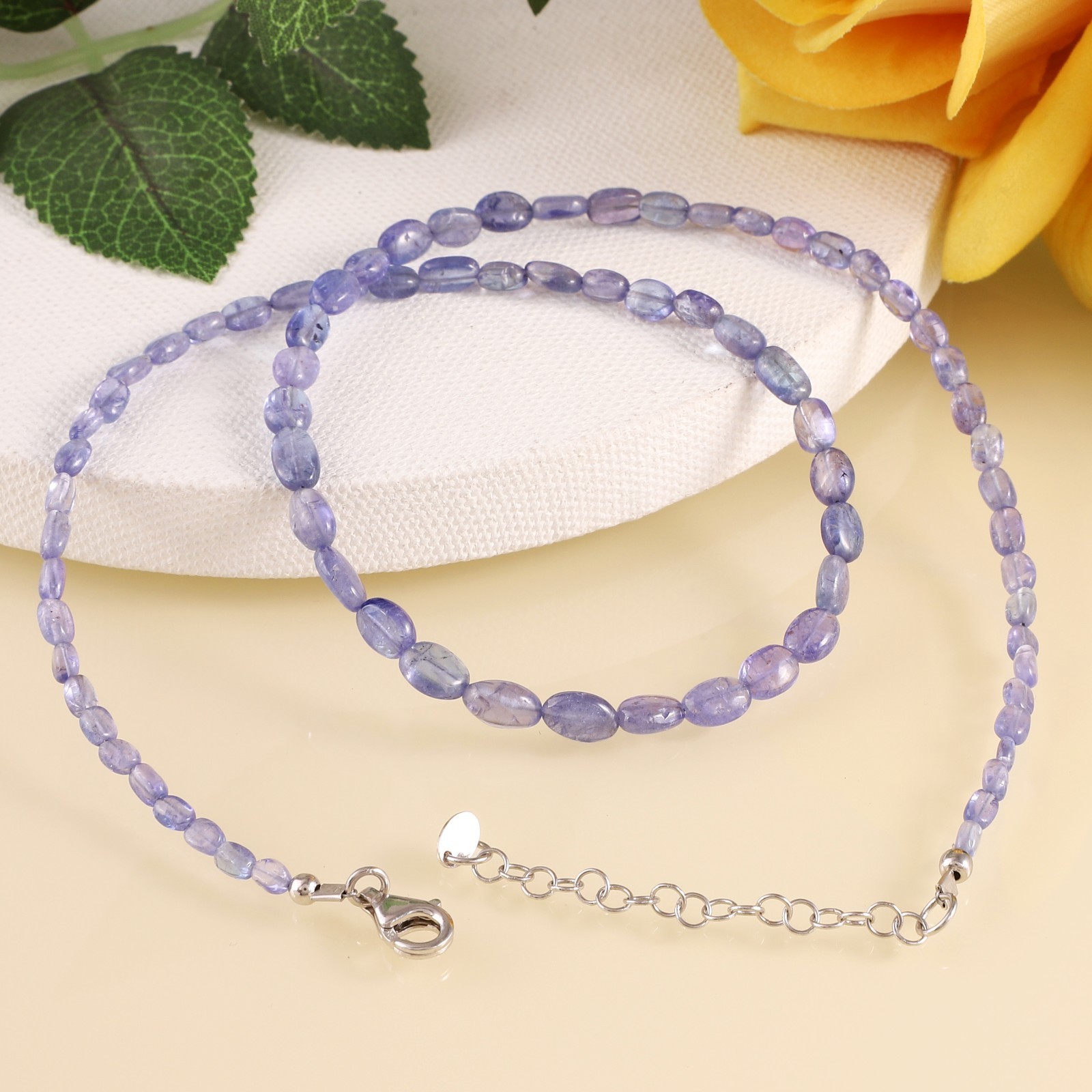 100%Natural Tanzanite Stone Beaded Handmade Necklace Oval Shape 925 Silver