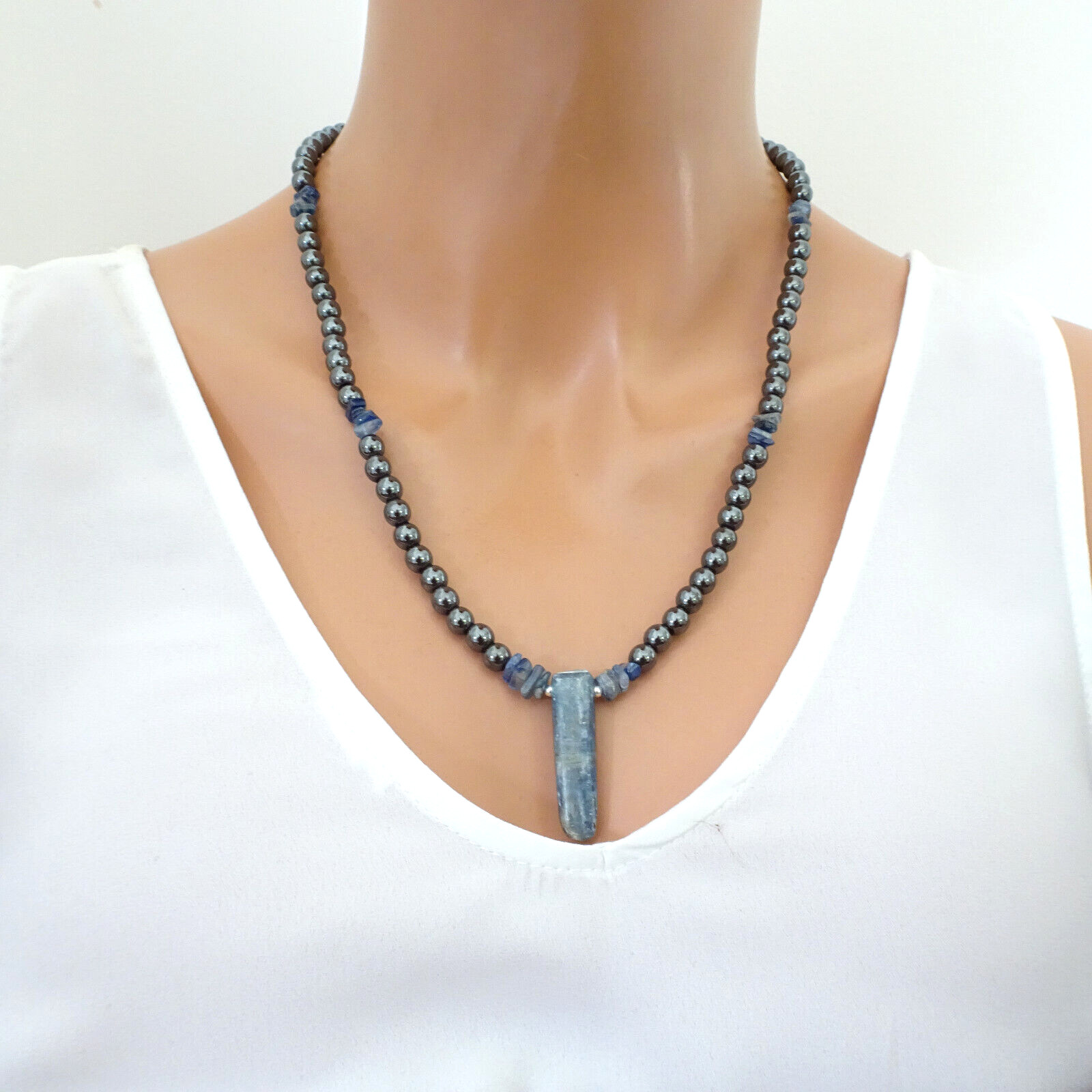 Natural Kyanite Hematite Gemstones Necklace Men Women Genuine Crystal Gift Video