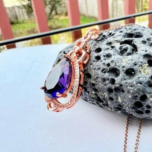 5Ct Pear Cut Amethyst Diamond Teardrop Pendant 14K Rose Gold Finish Free Chain