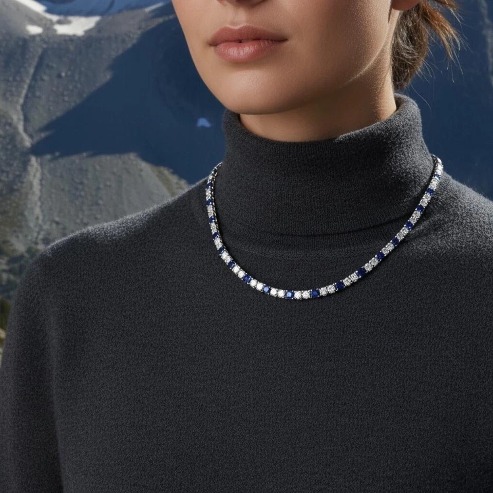 18TCW Round Lab Created Sapphire & Diamond Tennis Necklace 925 Sterling Silver