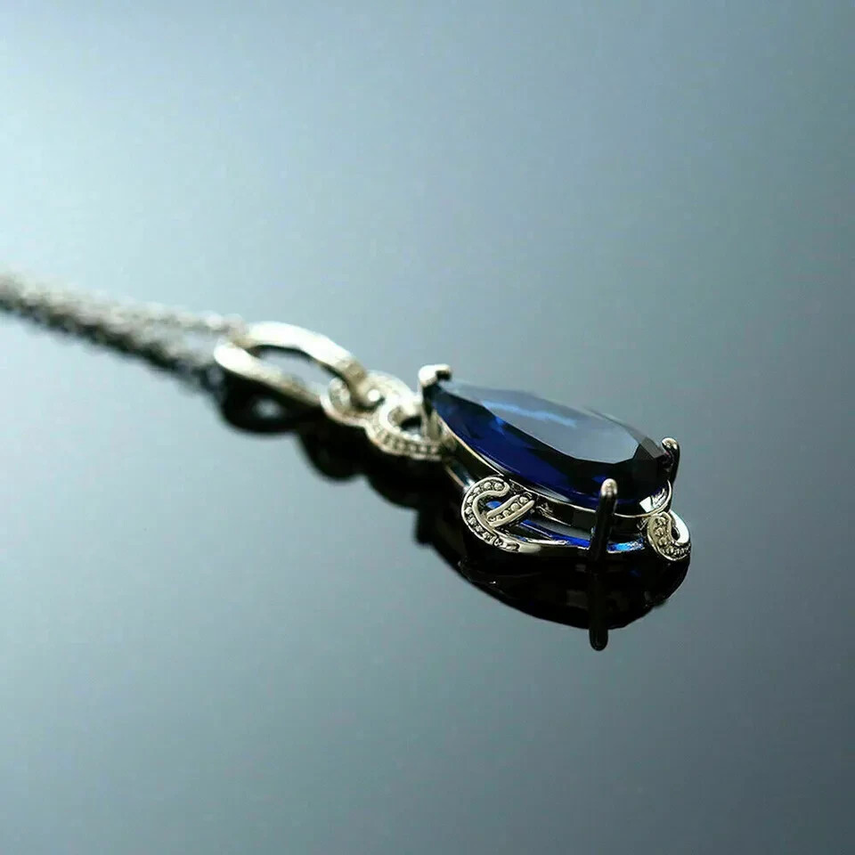3Ct Pear Cut Blue Sapphire Diamond Teardrop Pendant 14K White Gold FN Free Chain