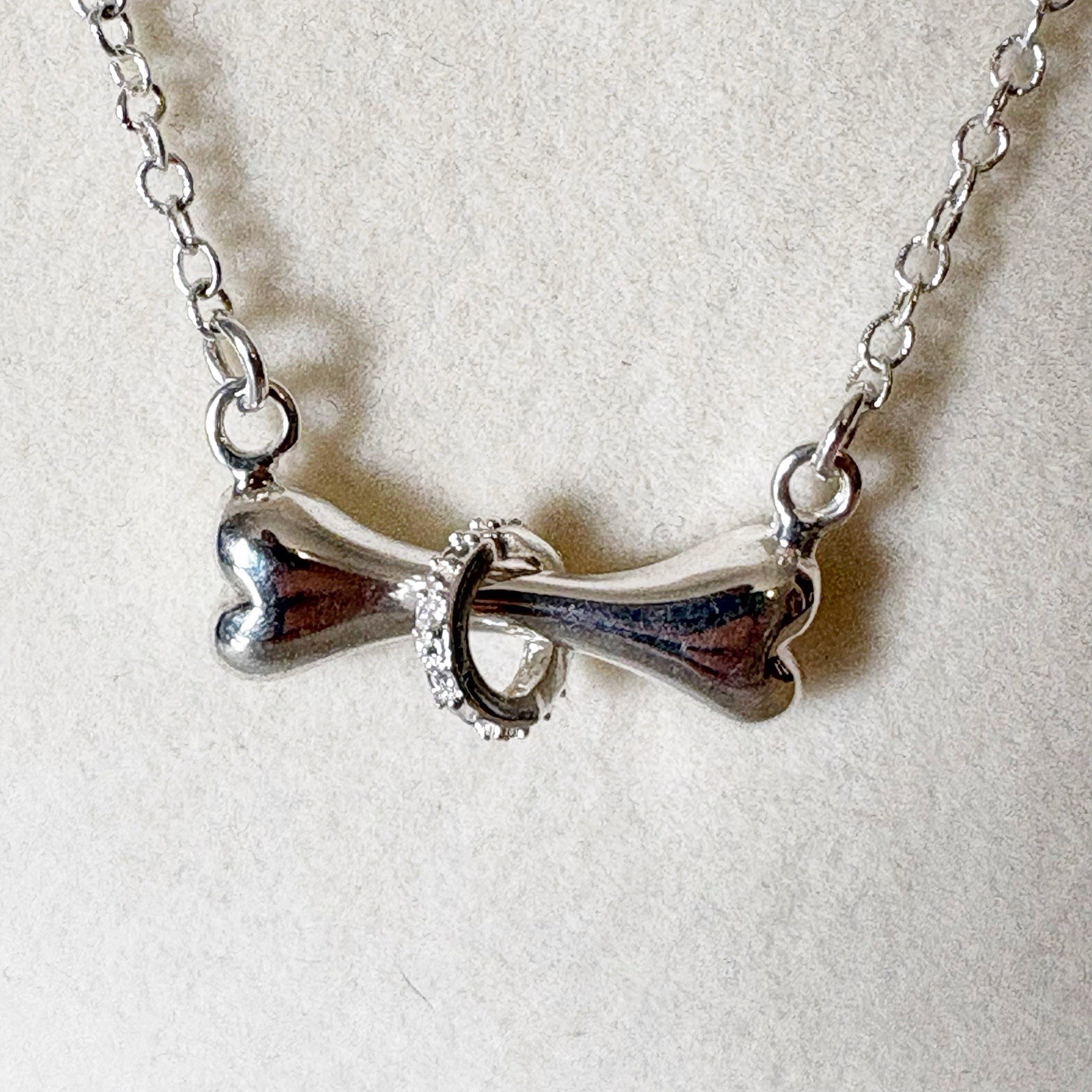 Sterling Silver Dog Bone Pave CZ Slide Pendant Necklace