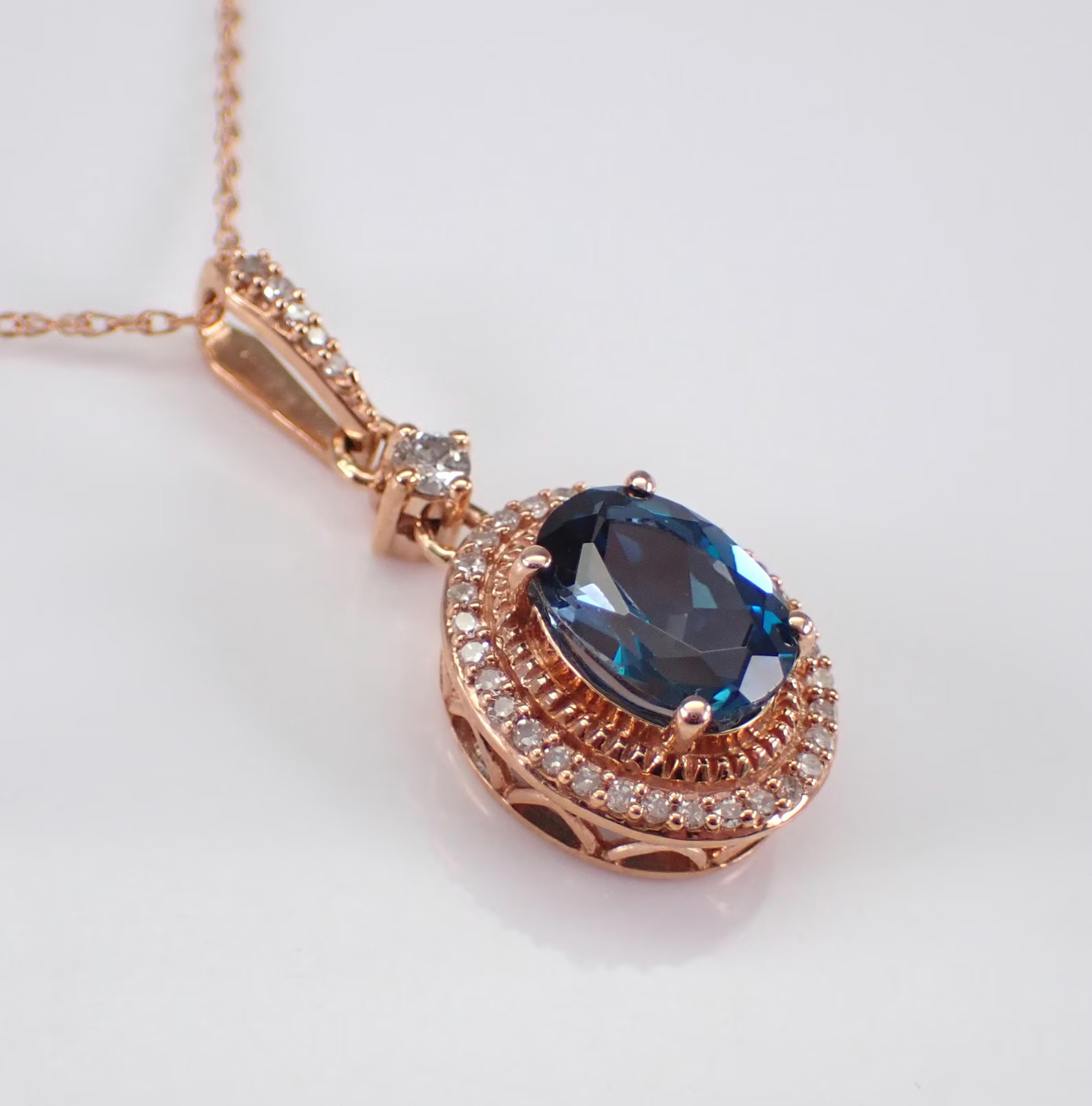 3Ct Ova Lab Created London Blue Topaz Halo Pendant Necklace 14K Rose Gold Plated