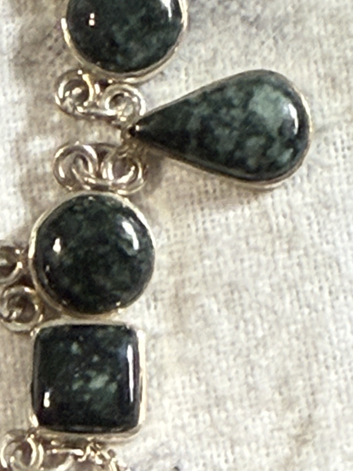 Vintage Italy 925 Sterling Silver Figaro Necklace 5 Geometric Green Stone Charms