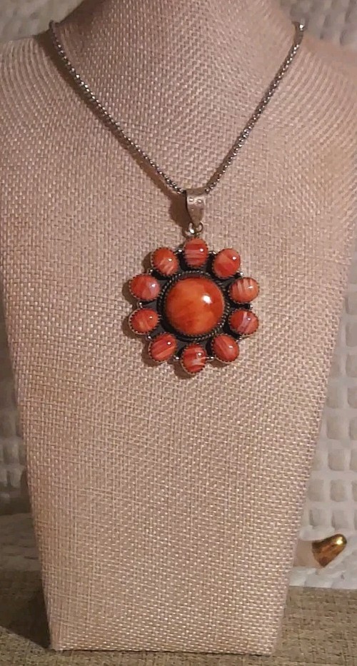 New HUGE Sterling Silver Natural Orange Spiny Cluster Pendant with Chain