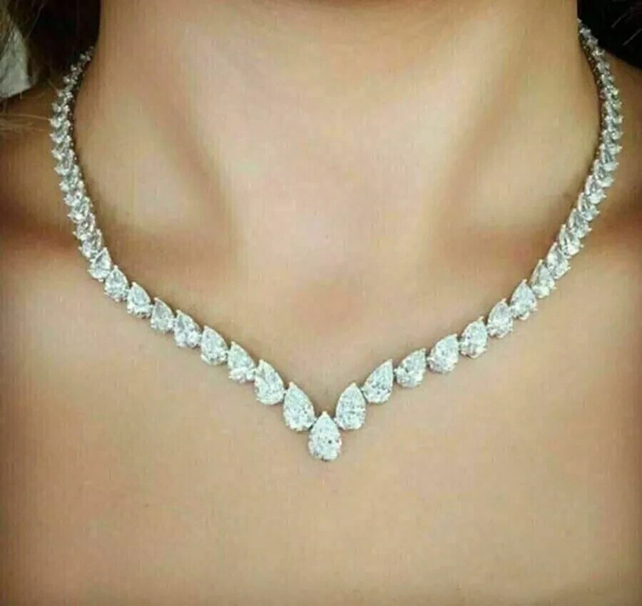 7 Ct Pear Cut Diamond Women’s Tennis Necklace 14K White Gold Plated