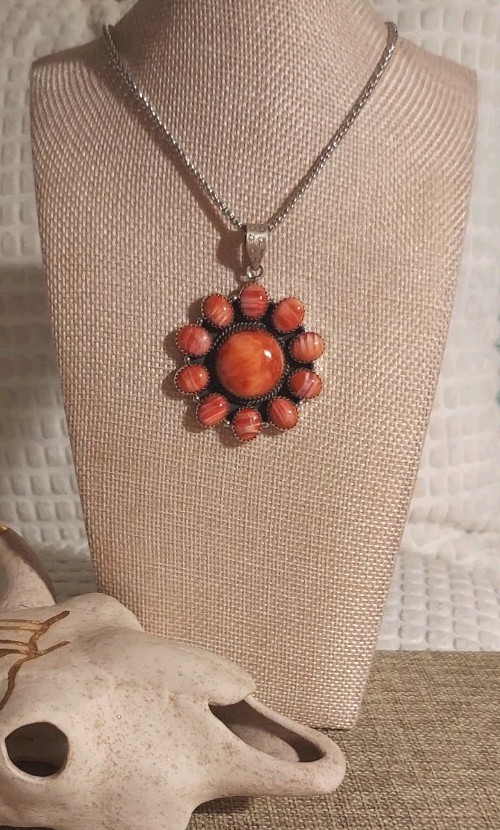 New HUGE Sterling Silver Natural Orange Spiny Cluster Pendant with Chain