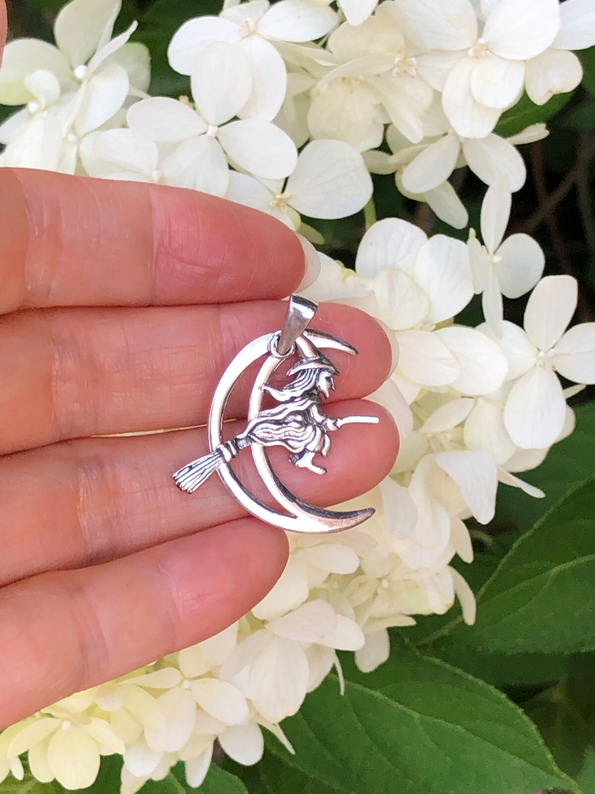 925 Sterling Silver Crescent Moon Broomstick Witch Pendant Women 26mm1.02″/31mm