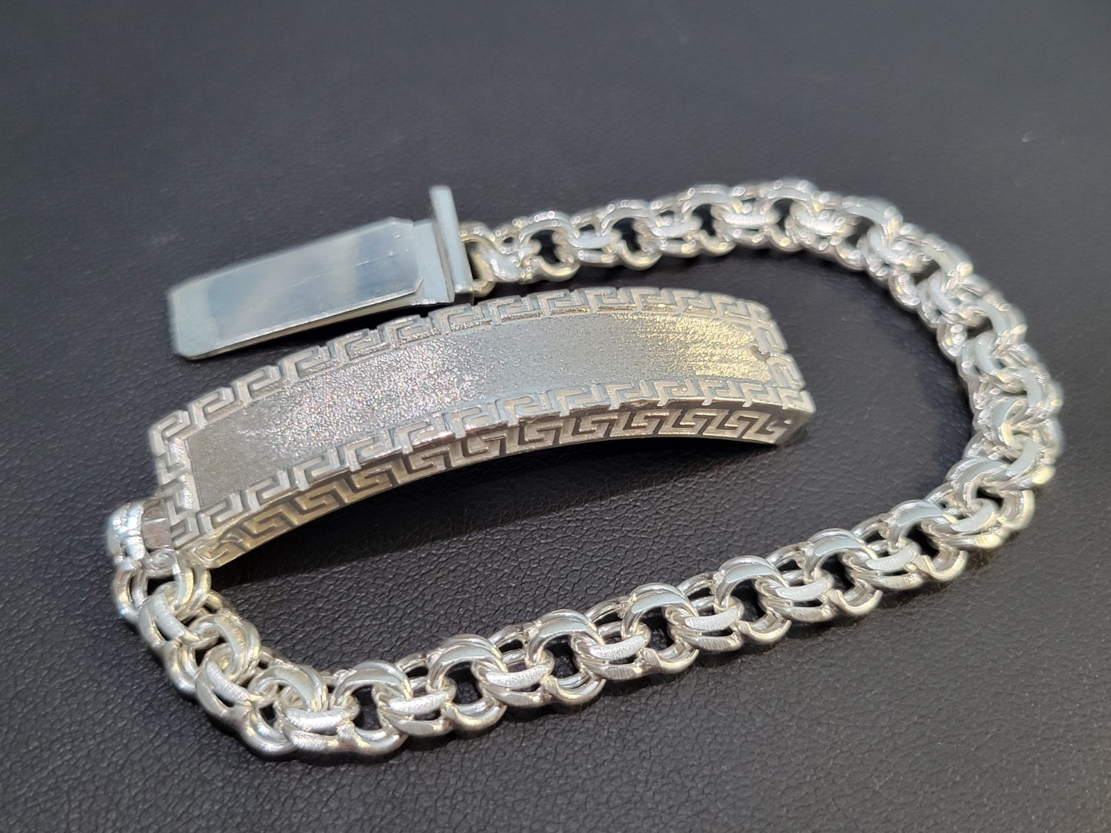 925 sterling silver Chino Link Greek Key Long Lock Bracelet 21g 7″ 6mm