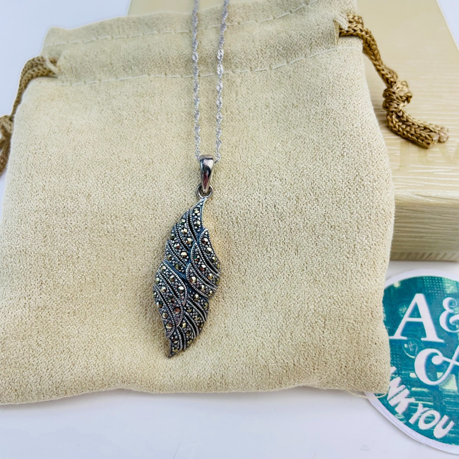 Marcasite Sterling Silver Angel Wing Pendant and Chain JTV Tillya Treasures