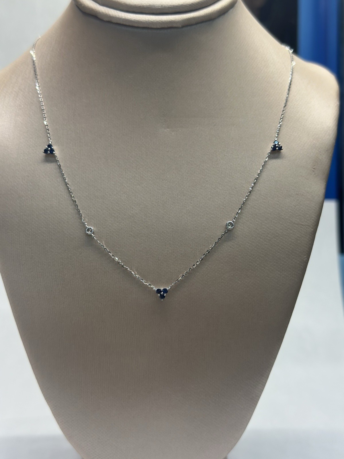 14K White Gold Blue Sapphire & Diamond Alternating Station Necklace