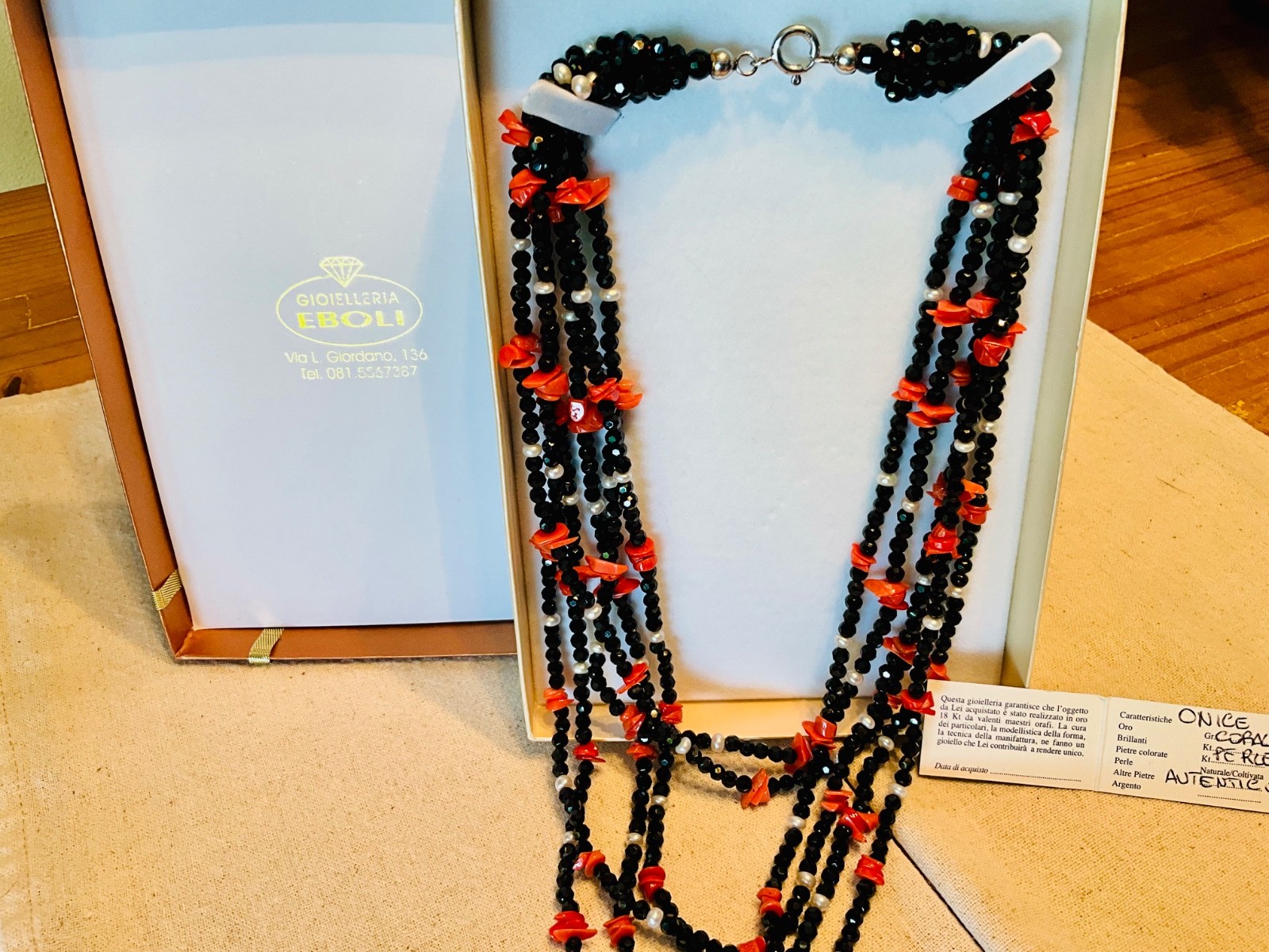 Fine Italian Onyx Coral Pearl Sterling Silver Necklace New Original box w/GTD