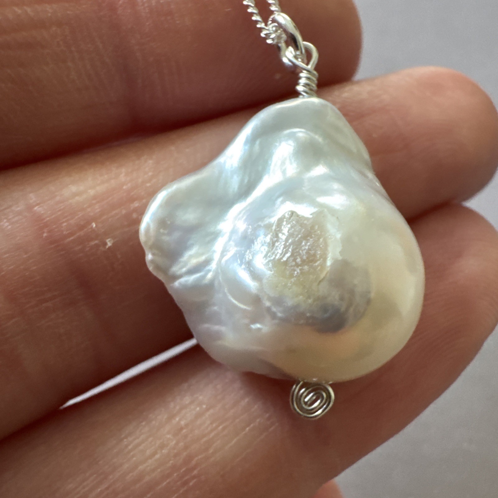 Sterling Silver 925 21mm Freshwater Pearl Pendant Italy 18” Curb Chain Necklace