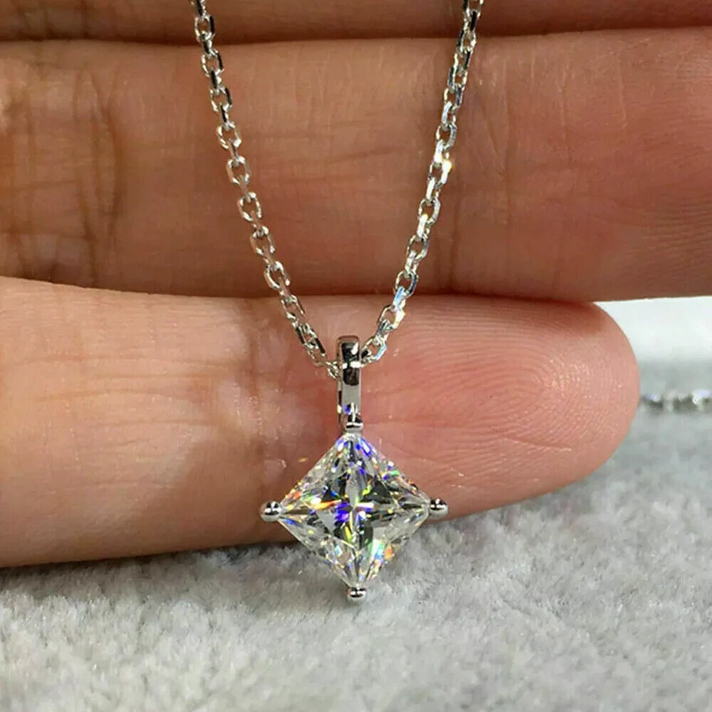 3.00 Ct Princess Cut Moissanite 4 Prong Solitaire Pendant 14K White Gold Plated