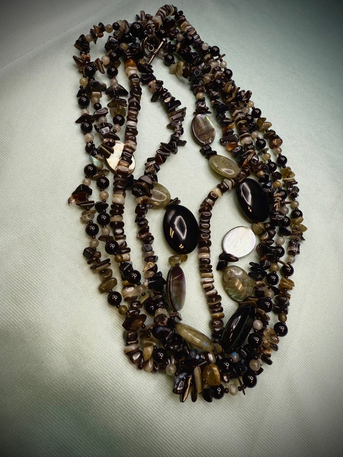 Lucas Lameth Moonstone, Shell, & Onyx Beaded Necklace 925