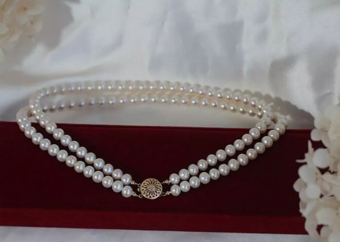 Two Strands 6-7mm AAA++ Real natural Akoya White pearl necklace 14k Gold 16-17″